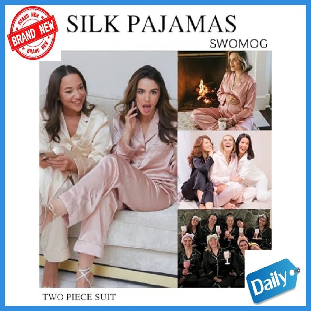 Long Sleeve Satin Pajama Set with Pocket, Button Down Sleepwear - Picture 6 of 8